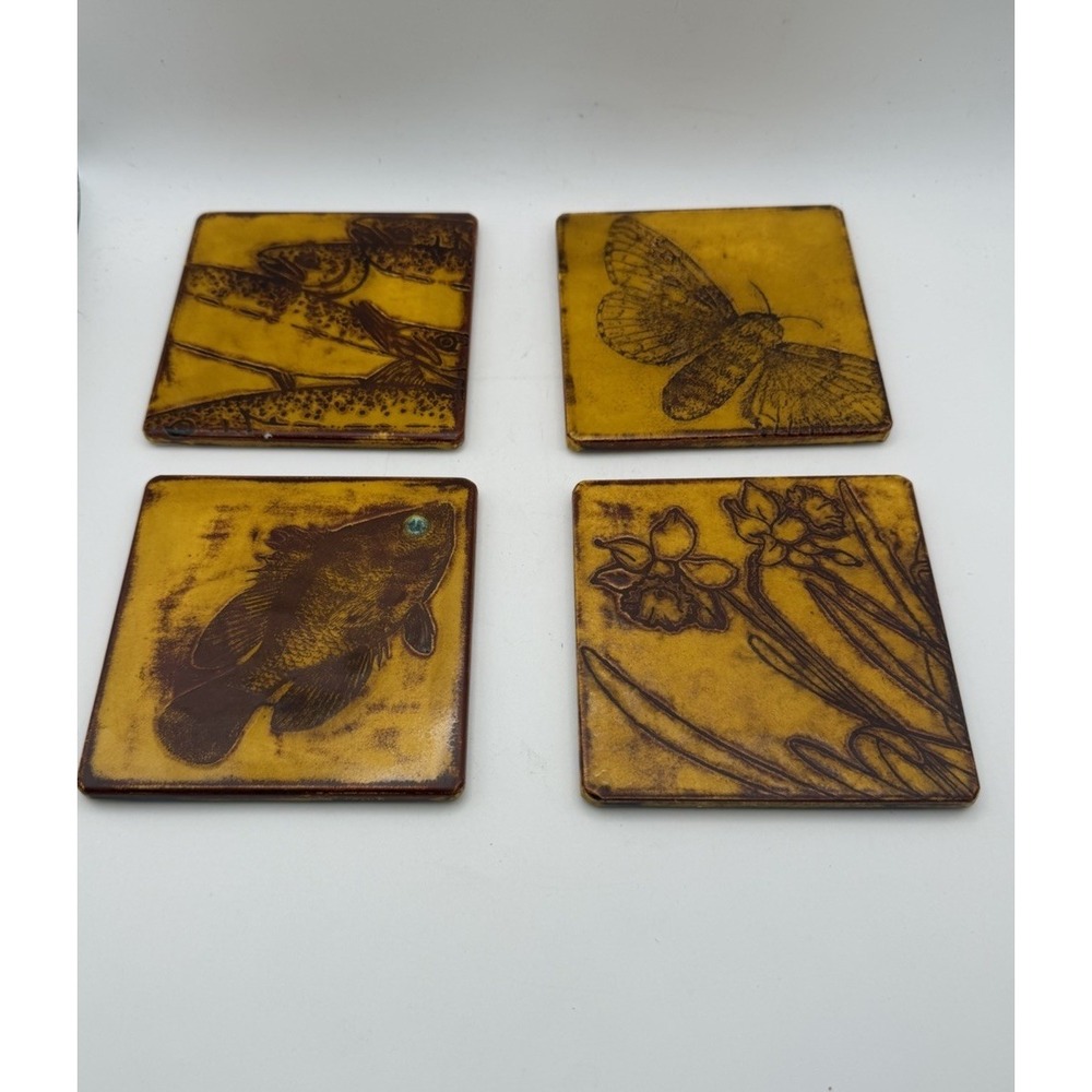 Handmade Studio Pottery Ceramic Coasters Fish Butterfly Floral Set of 4